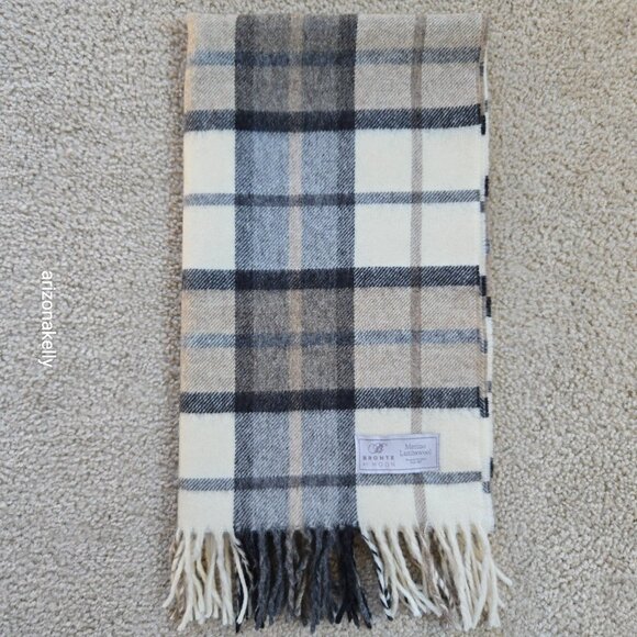 NWOT Bronte by Moon Merino Lambswool Plaid Scarf Cream, Brown & Tan - Picture 8 of 9